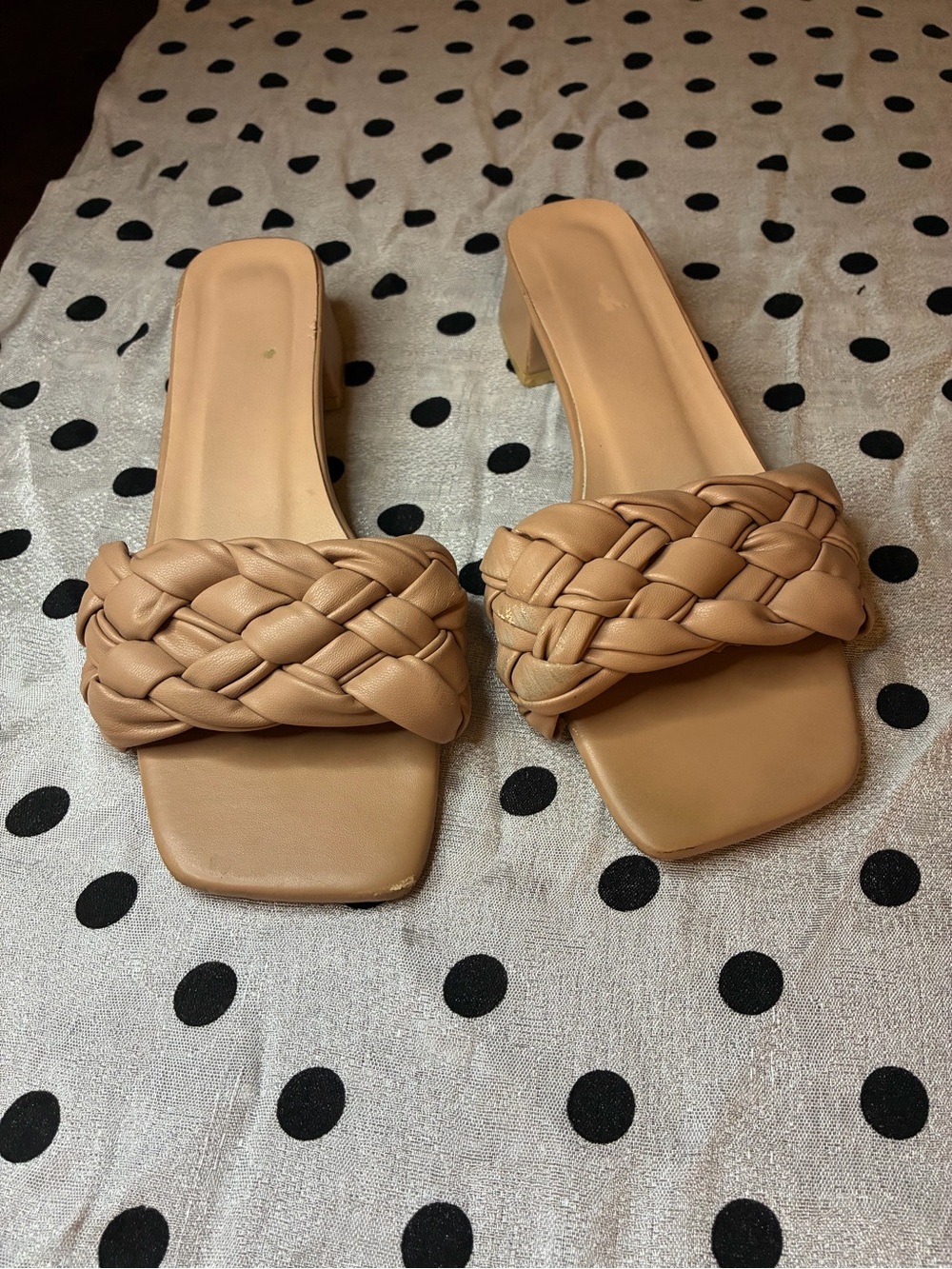 Tan Braided Woven Block Heel Slide Sandals Size 39 Nude Square Toe